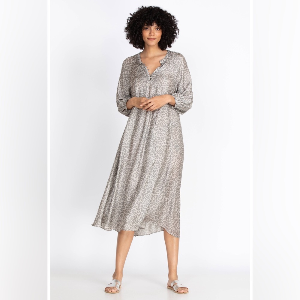 Calme by Johnny Was Animal Print Puff Sleeve Kaftan Maxi Dress Boho Chic Sm NWT